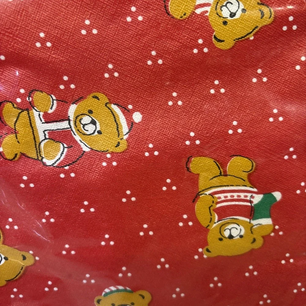 Vintage Town & Country Holiday Flannel Back Tablecloth Red Teddy Bears 60